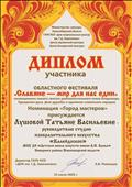 Диплом участника Областного фестиваля "Славяне - мир для нас един", посвященного памяти святого равноапостольного князя Владимира, Крещению Руси. Дню дружбы и единения славянских нардов. Номинация "Город мастеров", 2020 г. Диплом участника Областного фестиваля "Славяне - мир для нас един", посвященного памяти святого равноапостольного князя Владимира, Крещению Руси. Дню дружбы и единения славянских нардов. Номинация "Город мастеров", 2020 г.